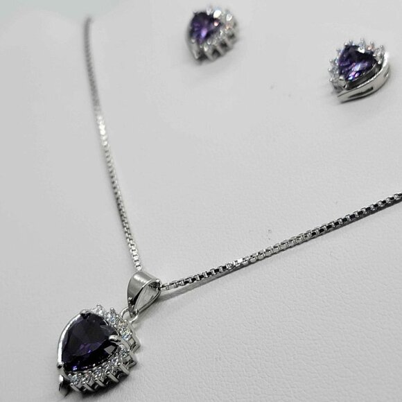 Brand New Sterling Silver 925 Heart Pendant w Cubic Zirconia & Purple Gemstones - Picture 1 of 9
